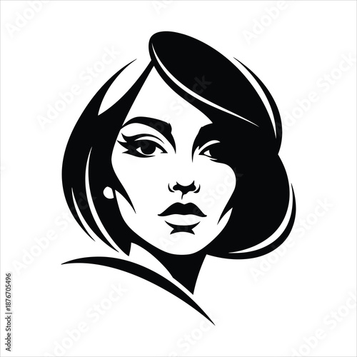 Elegant black and white portrait of a stylish woman with a classic bob haircut