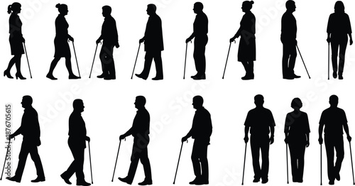 Collection of black silhouettes showing diverse individuals standing and walking with canes, mobility assistance, accessibility, posture, and support illustration