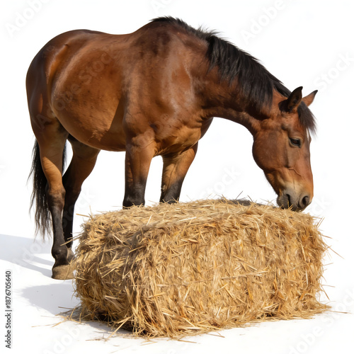 Brown horse eating hay from a straw bale against white background  