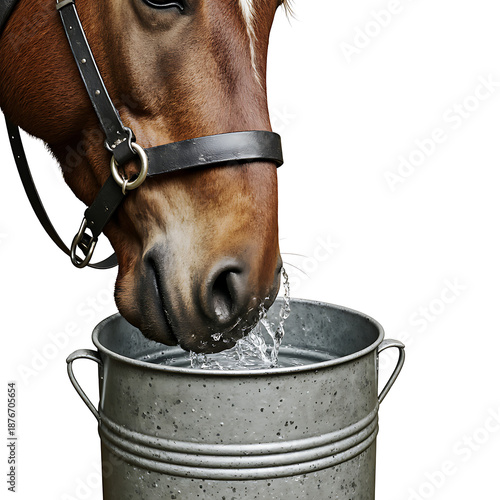 Horse drinking water from a metal bucket in a bright setting  