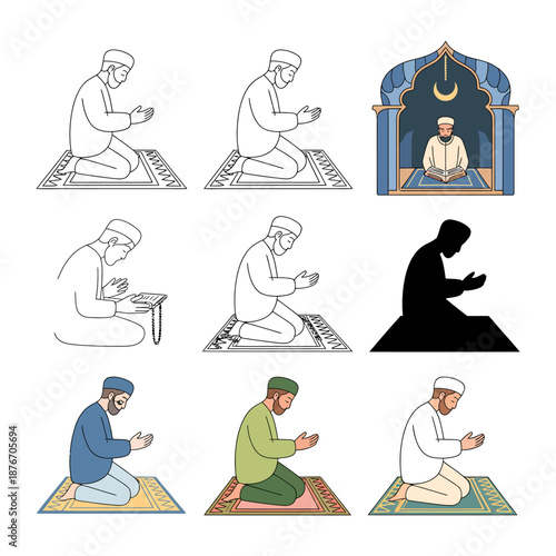 Prayer Illustrations: A collection of various artistic representations of prayer, illustrating different styles and perspectives of this spiritual act. 