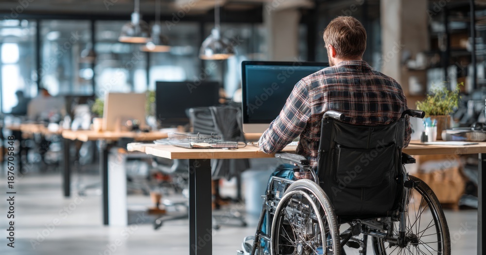 Obraz premium Bright Workplace Setting with Wheelchair Accessibility Features for Inclusion and Comfort