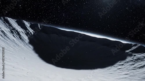 Awe-inspiring view of a deeply shadowed lunar crater under a vast, star-studded cosmic sky, highlighting the mysterious and desolate beauty of an alien world
