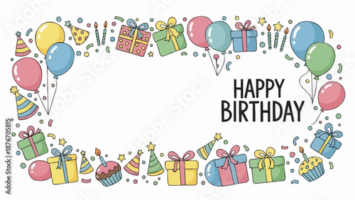 Happy Birthday Celebration Border with Gifts Balloons and Party Elements.