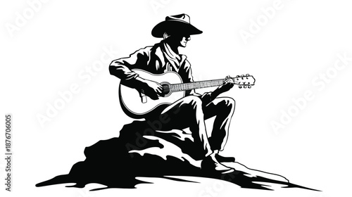 A black-and-white image of a cowboy with a hat, sitting on a rock playing an acoustic guitar