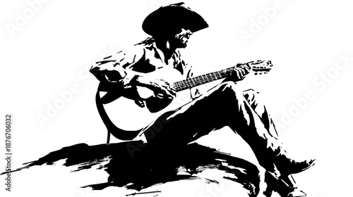 A silhouette of a musician with a guitar, seated on an uneven surface, wearing a hat