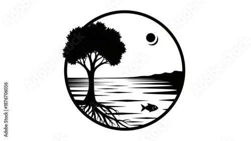 Tree silhouette on serene lake with crescent moon and fish