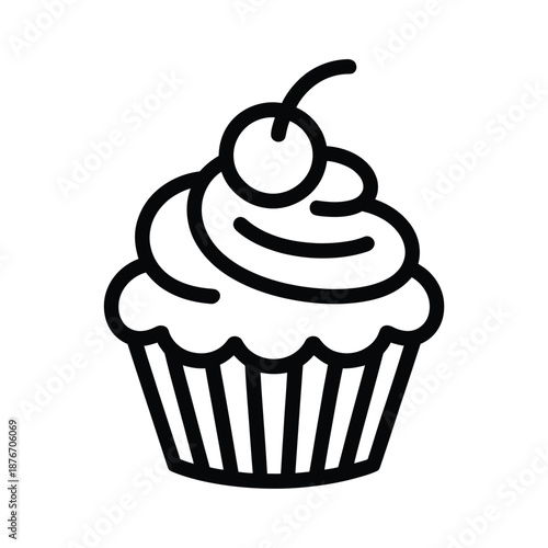 A black line drawing of a cupcake with white frosting and a cherry on top