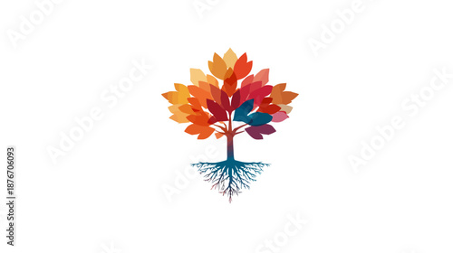 A colorful, semi-transparent illustration of a tree with roots and leaves in various autumnal colors