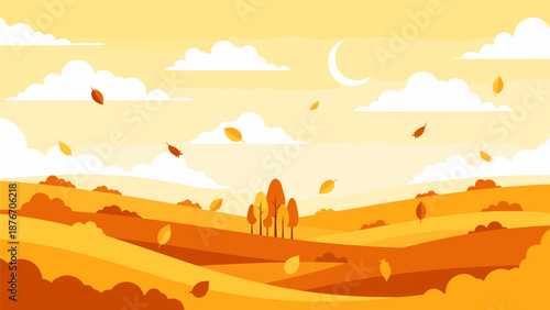 Autumn couple walking in field under crescent moon Autumn.