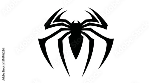 A stark black spider silhouette with elongated legs and intricate geometric details on a white background