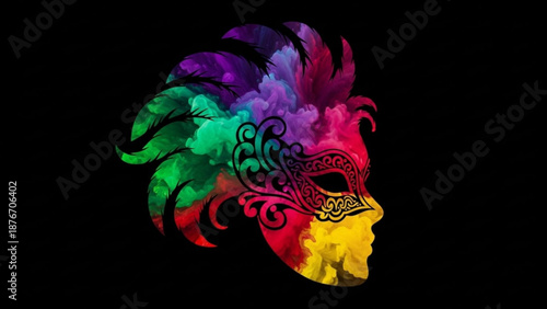 Vibrant colorful masquerade mask design with feathers on black