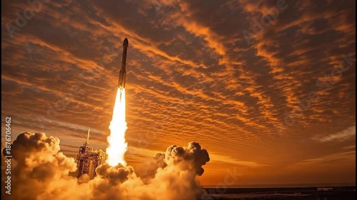 Dramatic rocket launch into a vibrant sunset sky, with fiery exhaust and smoke, symbolizing space exploration and technological progress.