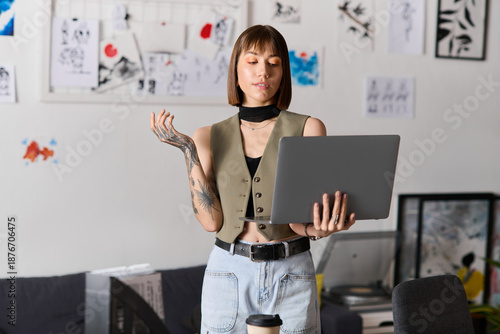 Creative young woman engages with her laptop in an artistic home environment filled with inspiration
