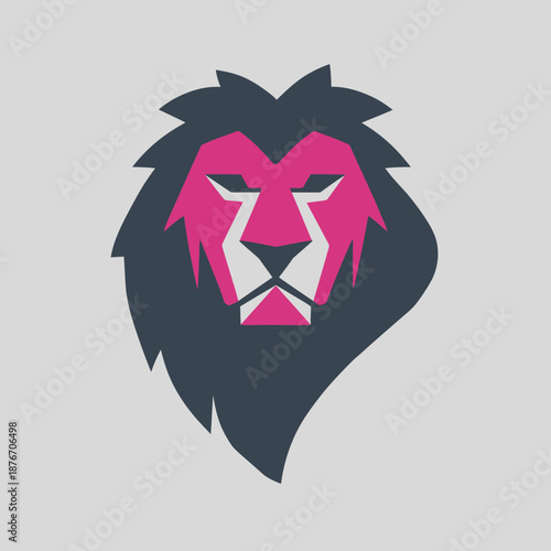 A flat, stylized lion head icon. The mane is dark blue-grey, the face is pink, and the background is grey