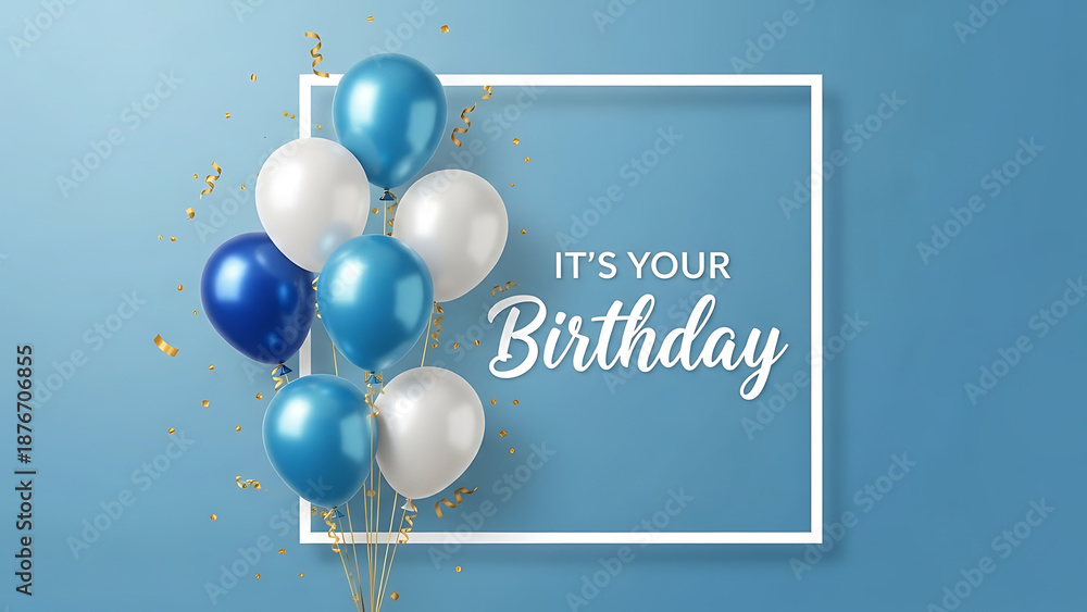 Naklejka premium Happy birthday wishes with blue and white balloons