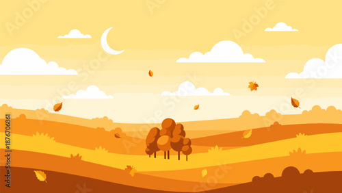 Camel trekking in desert landscape at sunset with moon Autumn.