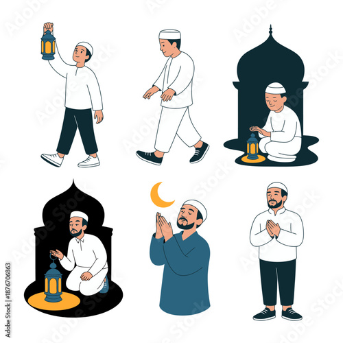 Islamic Rituals: A set of illustrations depicts the essence of Islamic rituals, with figures engaged in prayer, carrying lanterns, and performing acts of devotion.