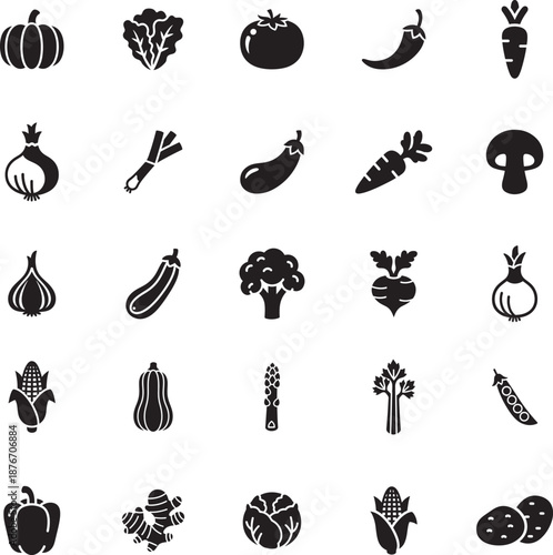 Vegetables and Healthy Food Silhouette icon collection. Includes Silhouette symbols pumpkin, carrot, tomato, onion, broccoli and more. Isolated icons. Vegetable icon set. Minimalist icons pack.