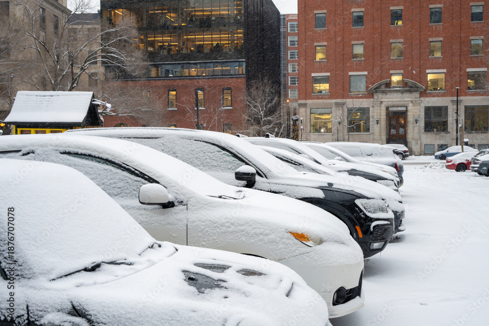 Fototapeta premium Cars parked in a Montreal parking lot after heavy winter snowfall