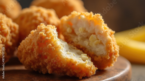 Macro Food Photography Of Golden Breading And Juicy Interior.
