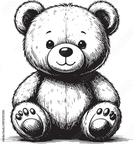 Cute teddy bear sitting with pencil drawn expression