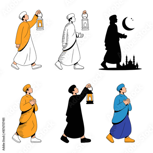Ramadan Spirit: A collection of illustrations depicting a man in traditional attire holding a lantern, symbolizing the spirit of Ramadan and the search for spiritual illumination. 