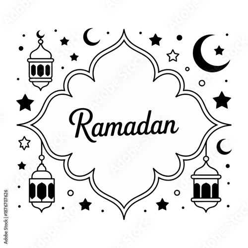 Ramadan Festive Illustration: An artistic illustration embodying the spirit of Ramadan. The central focus is a beautifully crafted frame, adorned with celestial symbols, stars, crescent moons.
