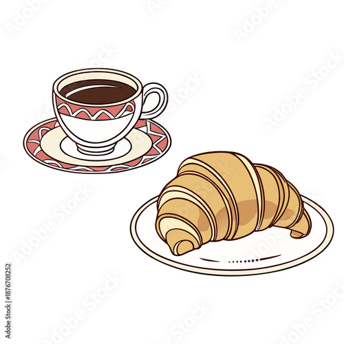 Coffee Cup and Croissant Breakfast Set Vector Illustration