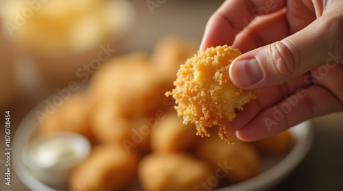 Hand Holding A Freshly Cooked Chicken Nugget With Bokeh Background.