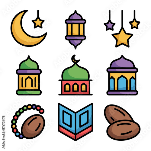 Islamic Icons Collection: A colorful and vibrant collection of Islamic icons, capturing the essence of Islamic symbols. These icons represent the core of Islamic culture, faith, and traditions.
