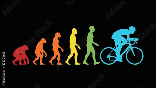 Evolution of Man to Cyclist - Colorful Silhouette Graphic of Human Progress from Ape to Road Biking