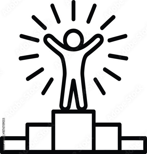 Person standing triumphantly on podium with arms raised