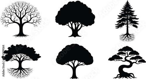 Set of Isolated Black Tree Silhouettes with Roots and Branches Including Oak Pine and Bonsai Designs for Nature Logos Environmental Graphics and Vector Illustrations