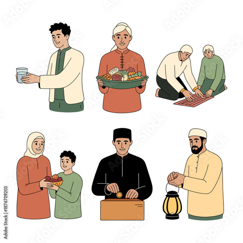 Ramadan Gathering: A vibrant illustration captures the essence of Ramadan, showcasing diverse individuals engaged in various acts of devotion and community.