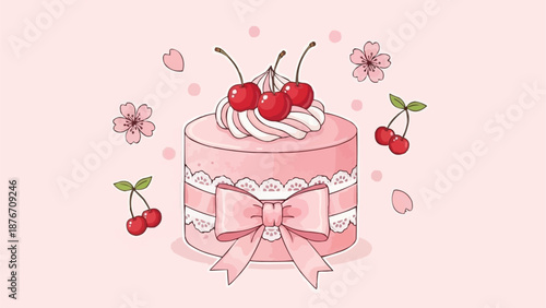 Pink Cherry Cake with Bow and Flowers.