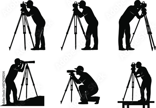 Silhouettes of surveyors using total stations and theodolites on tripods across varied terrain for professional land measurement and mapping