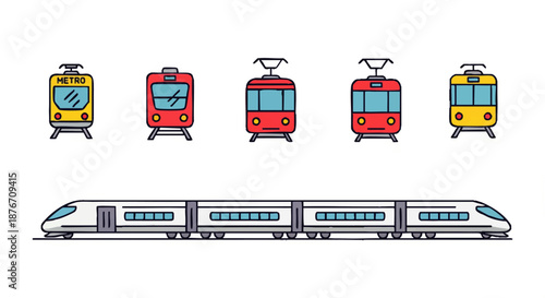 Collection of modern and vintage train icons, including high-speed and subway models