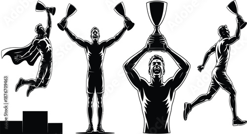 Victorious athletes celebrating with trophies in dynamic poses