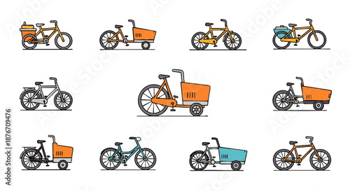 Diverse collection of cargo bicycles and utility bikes for urban transport and delivery services