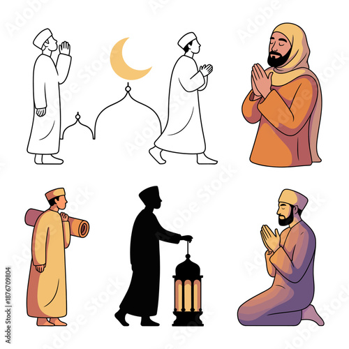 Religious Ritual: Illustration of people performing religious rituals, including prayer, reflection, and acts of devotion, set against the backdrop of a mosque, moon, and lantern. 
