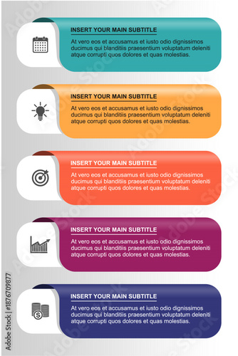 Infographic vector illustration for business process steps template featuring five colorful horizontal banners with marketing icons and copy space for corporate presentation slide layout design.