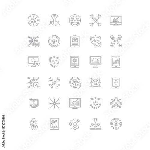 Internet of Things, Networking, and Cyber Security Line Icons Set for Digital Technology and Data Protection.