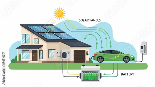 Electric Car Charging At Home With Solar Panels And Battery Storage.