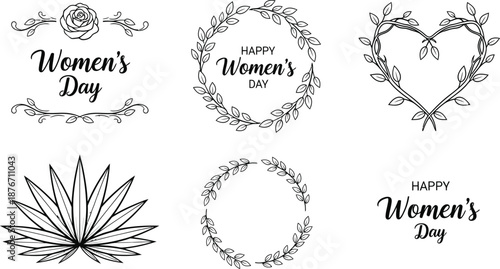 Vector Illustration of Women's Day Floral Wreaths & Hand-Lettered Typography: Happy Women's Day Designs with Leaves, Branches, & Heart Shapes - Black & White Vector Illustration