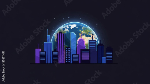 Glowing cityscape under earth at night with blue and purple