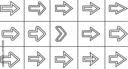Vector Illustration of Arrow Grid: Directional Arrows Pointing Right, Modern Icon Set for Navigation, Growth, Success, Minimalist Design, Vector Illustration, Black & White