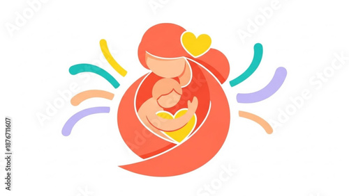 Mother and baby illustration with heart symbol and vibrant colors