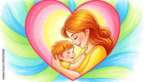 Mother tenderly holding baby in heart shaped illustration