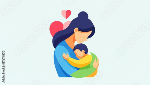 Woman holding baby in her arms with heart symbols behind love